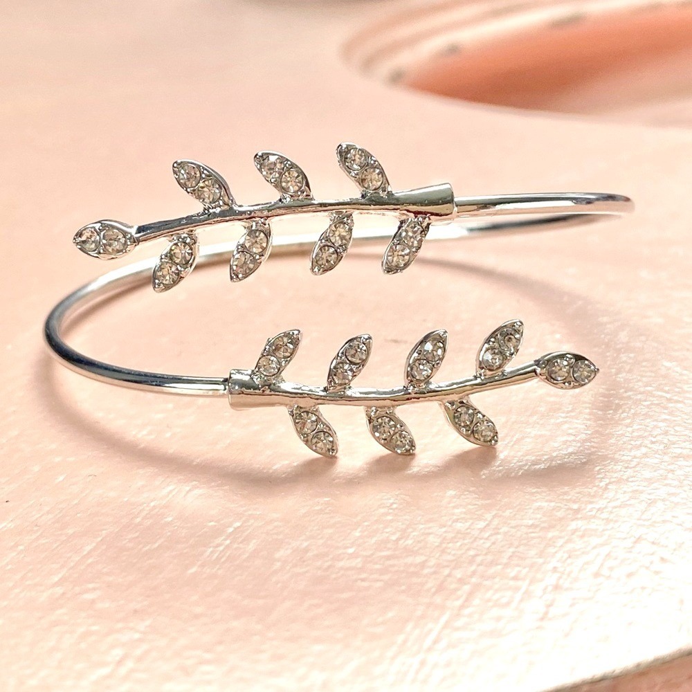Shein Silver Rhinestone Leaf Branch Bypass Bangle Bracelet